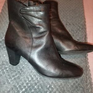 Women's Black Leather Ankle Booties with Stacked Heel